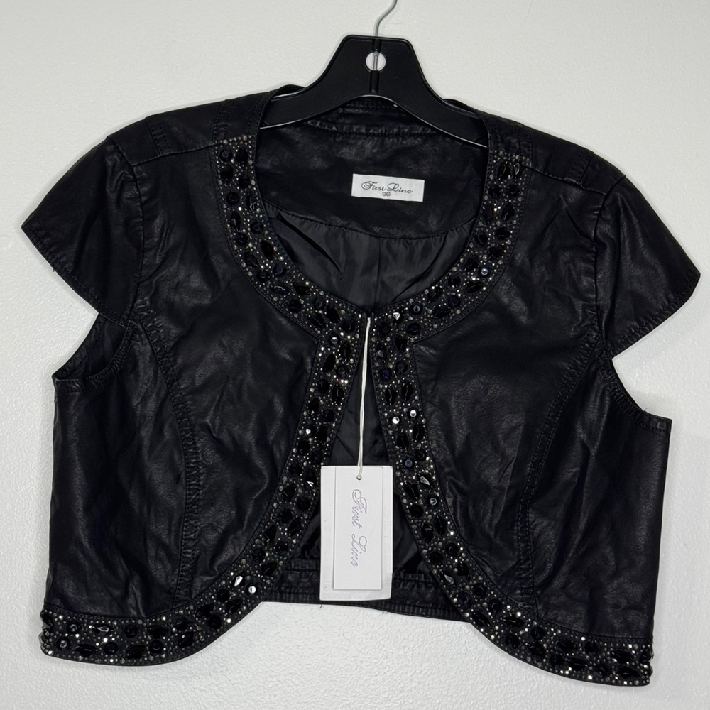 First Line Black Faux Leather Bolero Crop Jacket with Stud Beaded Size L